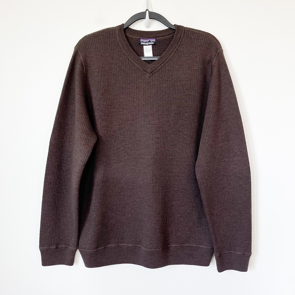 Patagonia 100% Merino Wool Waffle Knit V-Neck Sweater Brown Mens XL
